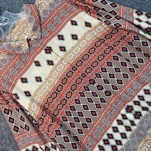 Chico's 3 L Ikat Geo Print‎ Long Button Up Silhouette Tunic Boho Artsy Flowy